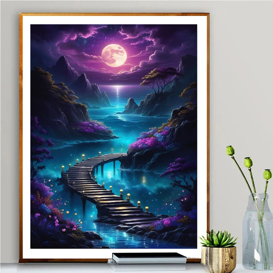Art Craft Night - 大人のダイヤモンド絵画月夜ペイントダイヤモンドマウンテン 5D DIY フルダイヤモンド絵画木製橋宝石アートキットと工芸品