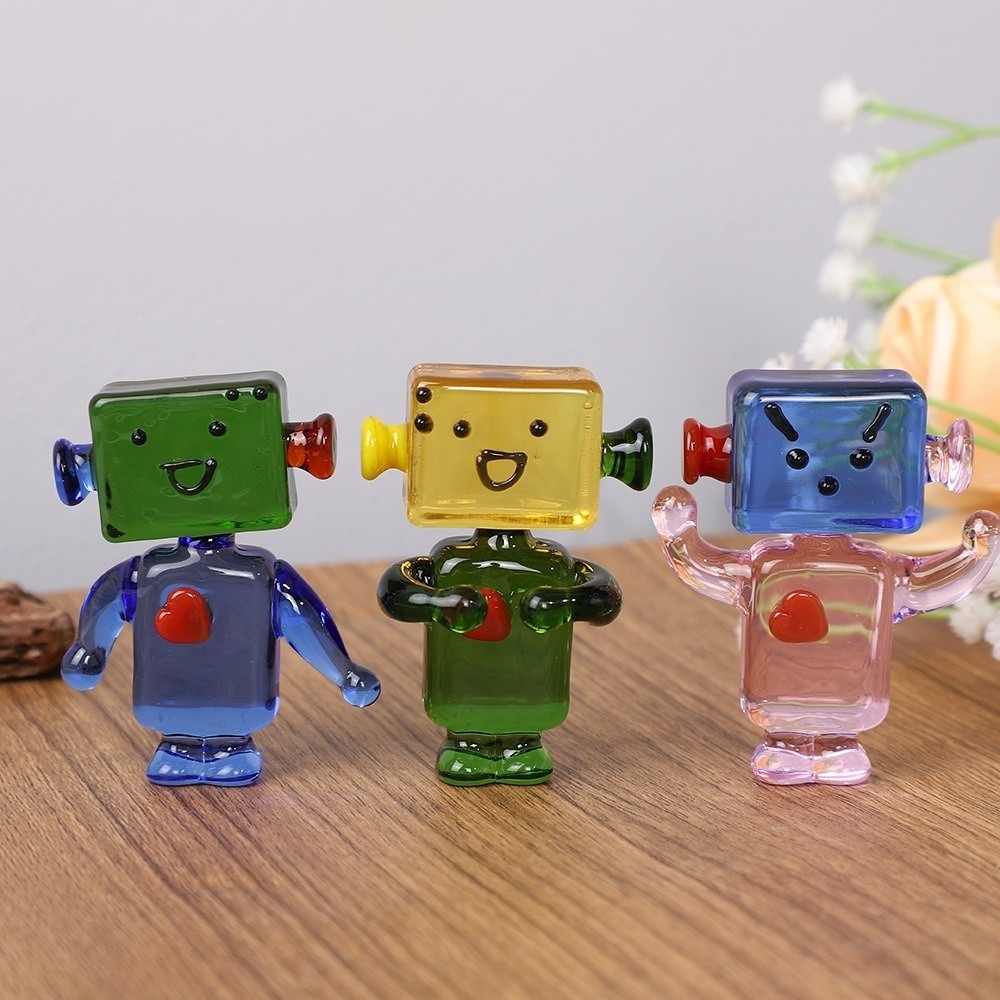 Art Craft Robot - ユニークなカラフルな顔のロボットオーナメント透明アートクラフト手作りガラス漫画デスクトップオーナメントオフィス