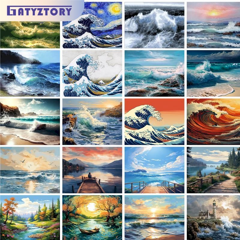 Art Craft Number - Gatyztory-子供のためのフレーム絵画キット,ビーチの川の風景,DIYアートクラフト,数字による絵画,手描き,フレーム,ギフト