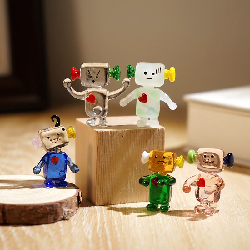 Art Craft Robot - かわいい顔のロボット手作りガラスミニチュアオフィスコンピュータ本棚デスク装飾アートクラフト漫画メガネロボットオーナメント