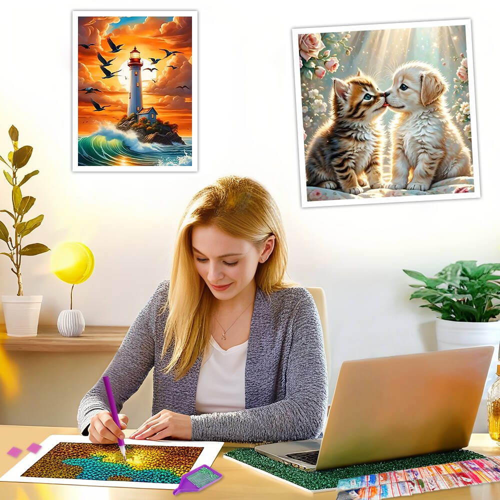 犬と猫のダイヤモンド絵画,モザイク,日曜大工,丸い正方形のド - Art Craft Umbrella のレビューと価格